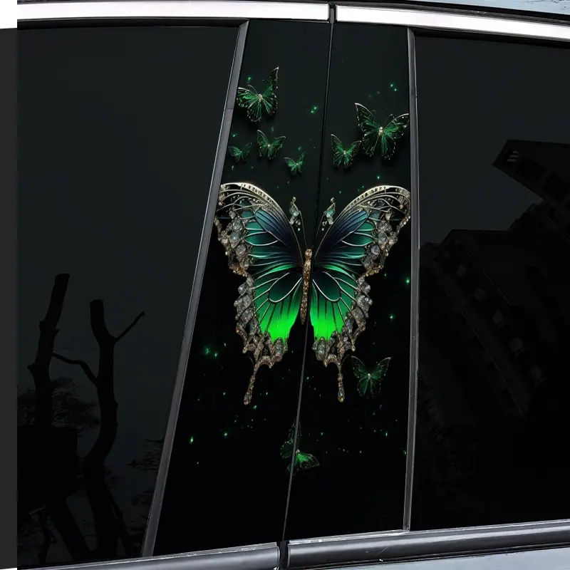 2 pieces, Car Decals, car sticker, car post sticker, green butterfly pattern vinyl car sticker, B window post sticker, decorative decal, self-adhesive waterproof and scratch-proof, suitable for glass, metal, plastic, ceramic, wood surfaces, car decoration