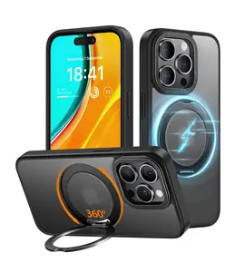 EXW 360° Rotatable Ring Stand Case for iPhone 15 Pro Max Case, Compatible with MagSafe, [Military-Grade Protection] [Raised Camera Frame] Kickstand Case for iPhone 15 Pro Max 6.7",Translucent Black