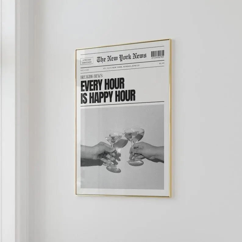 Trendy Wall Art, Newspaper Cocktail Posters, Black and White Bar Cart Decor, Funky Girly Retro Aesthetic Gifts Room[UnFramed] Decoration Photo Vintage Letter Print Artistic