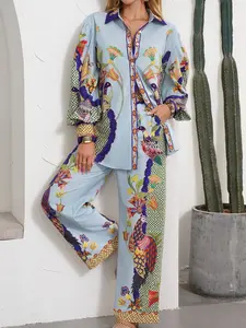 Women's Floral Print Long Sleeve Fitted Top & Wide Leg Pants Two-piece Set, Casual Fashion Chic Cozy Top & Trousers for Daily Outdoor Wear, Women's Clothing for Spring & Fall, Womenswear