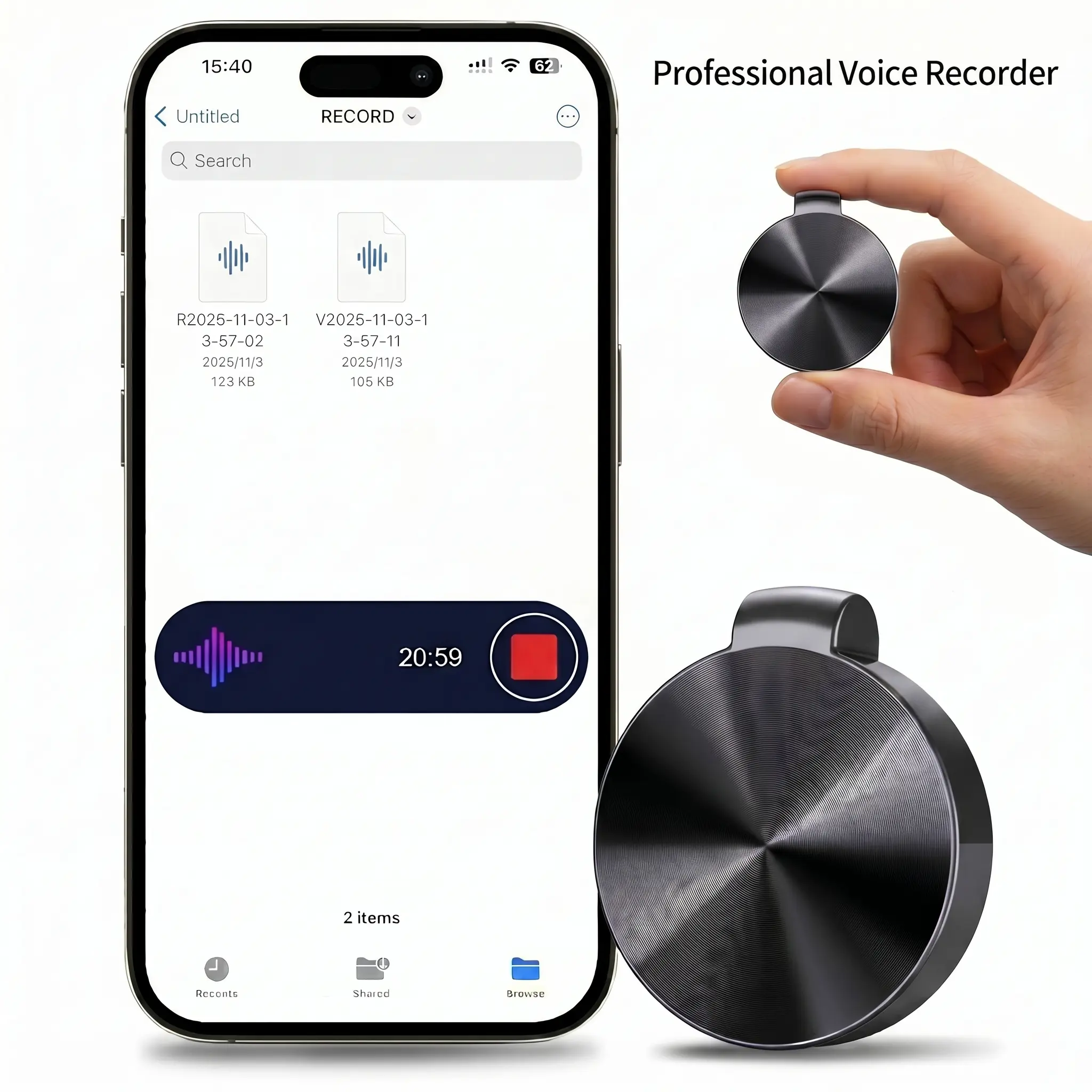 Professional Portable Voice Recorder - Round-Shaped, 1-Button Recording, 1-Button Saving, Power Loss Automatic Saving, Multi-Functional Audio Equipment for Podcasts