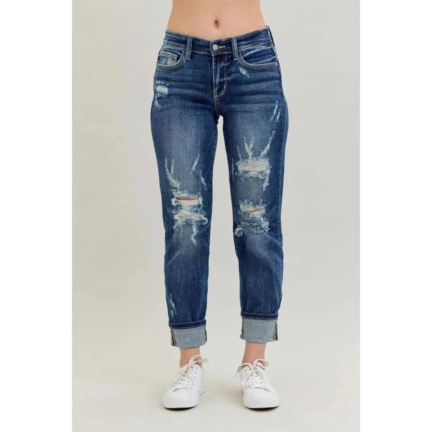Judy Blue Women's Baggy Boyfriend Jeans, Mid-Rise Cotton Spandex Denim Bottom with Destroyed Details and Cuffed Hem, Fit, Pants, Style, Elastane, 0/24 To 15(32), 14W, Deconstruction, 16W, 24W, 20W, All Seasons, Casual