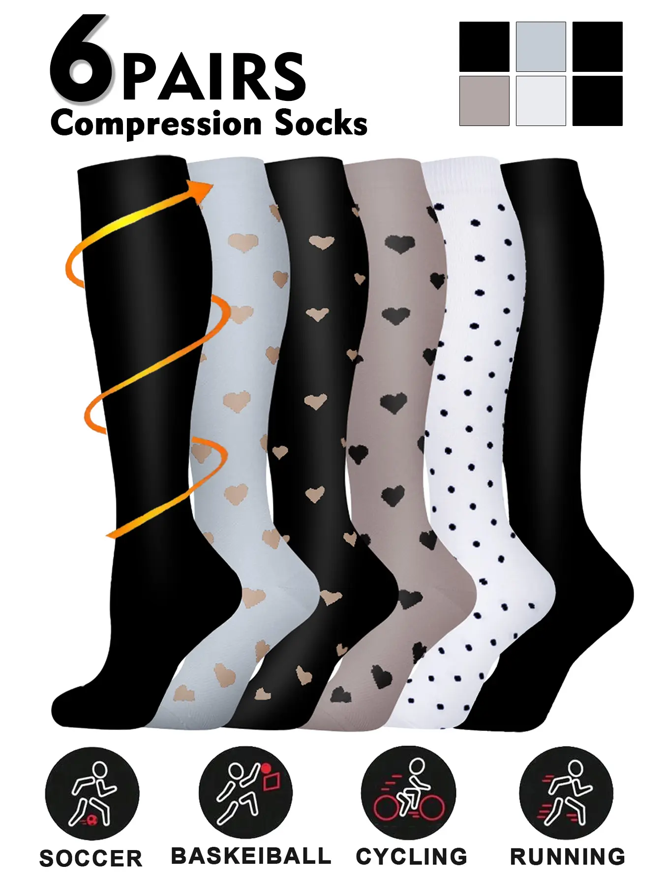 Compression Sports Socks for Men & Women, 20-30mmhg Knee High Design, Running Performance Recovery, 6 Pairs for Circulation Support