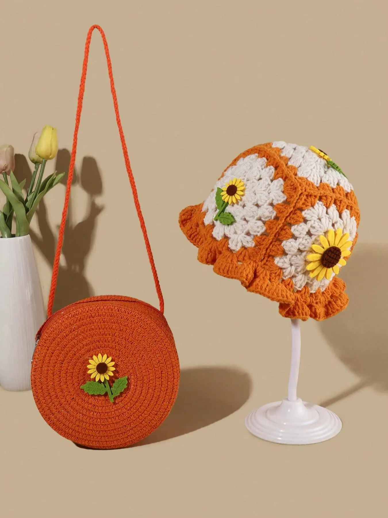 Flower Decor Crochet Hat & Bag Set, 2024 New Style Cute Cozy Casual Handmade Knitting Hat & Bag Set, Fashion Accessories for Women & Girls Dainty Gift for Your Love Summer Gift Set