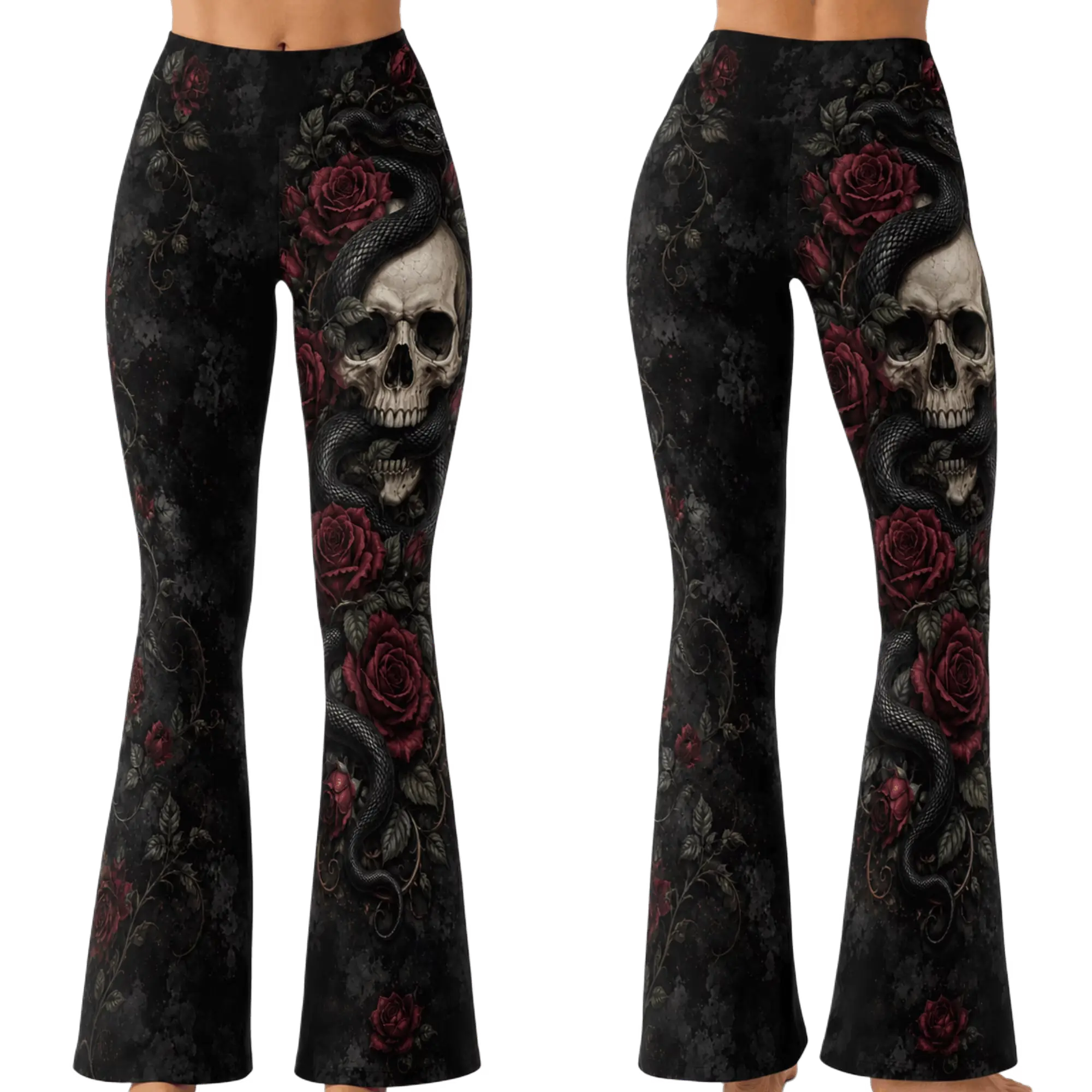 Gothic Skull Rose Snake Standard & Flare Leggings - Dark Floral High Waisted Stretch Pants, Black Red Alternative Workout Tights, Halloween Inspired Casual Activewear, Gift for Gothic Fashion and Skull Lovers
