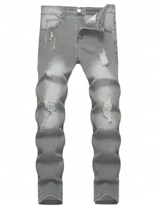 Men's Casual Distressed Skinny Jeans Stretch Menswear Grey Trouser Streetwear Ripped Comfortable Denim Pants