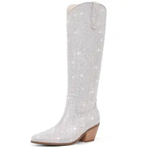 Knee High Rhinestone Cowgirl Boots Sparkly Bling Cowboy Boots for Women Western Chunky Heel Fashion Comfortable Side Zipper