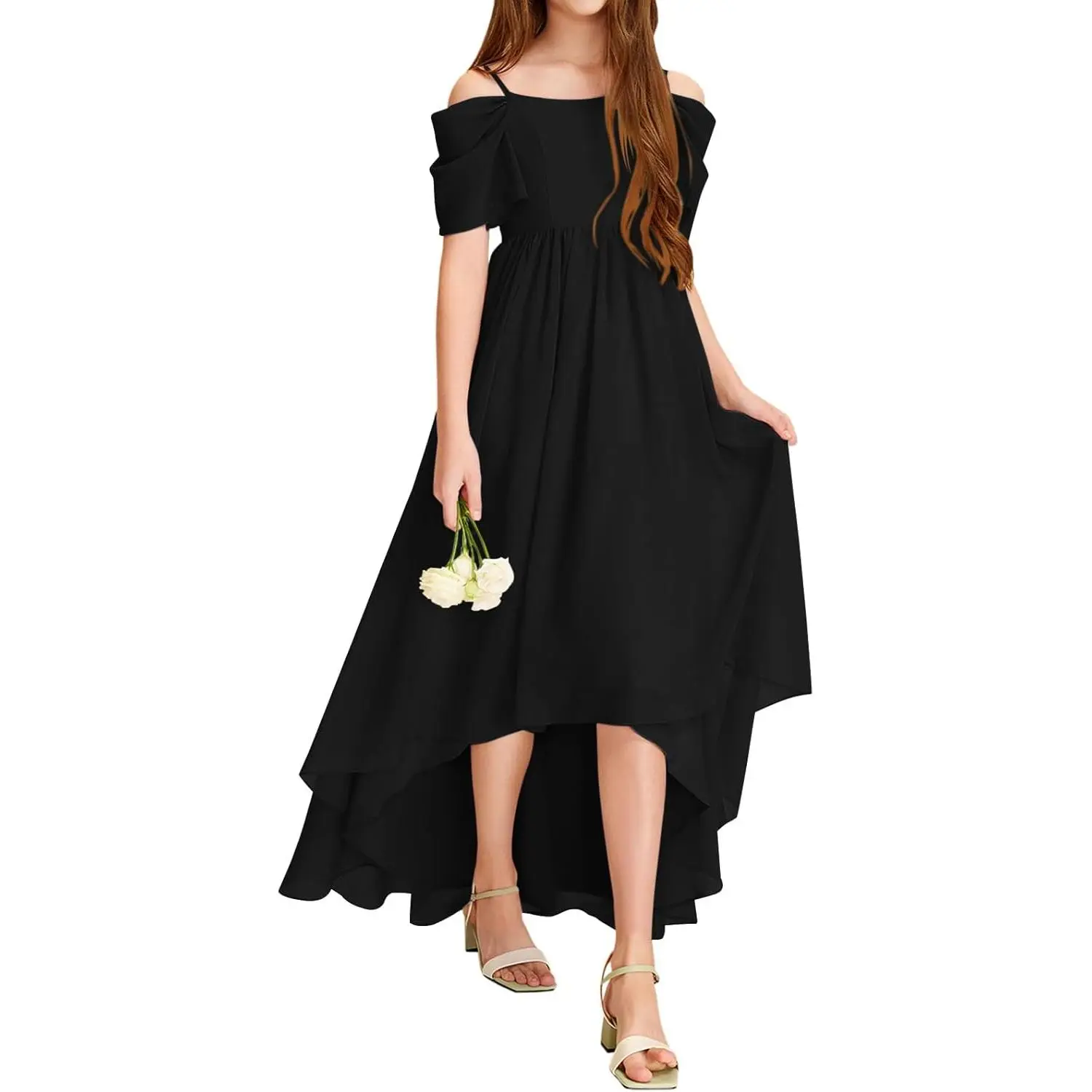 Haloumoning Little Girl Cold Shoulder A-line Asymmetrical Chiffon Dress, Junior Fit Child Size Formal Birthday Clothes, Party Attire for Junior Bridesmaids, Party Wear, Child Size Formal Dresses, Little Girl Dress