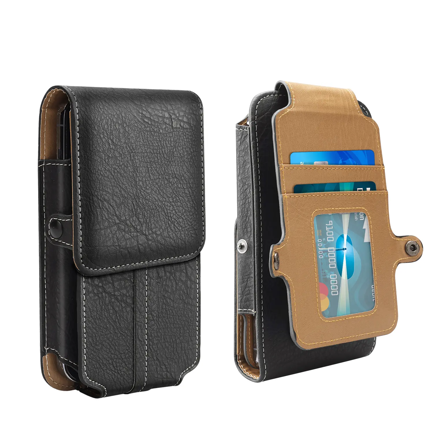 Cell Phone Holster Pouch with Card Holder, Leather Phone Holster for Belt Men with Clip Wallet Case Fit for iPhone 17/16/15/14/13/12 Pro Max Samsung Galaxy S25 S24 S23 S22 S21 S20 Ultra Travel Crossbody Cell Phone Purse Belt Bag
