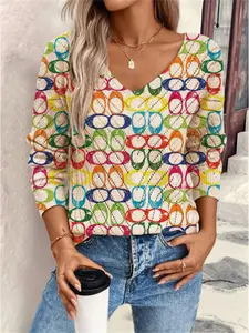 Women's Geometric Colorblock Print Long Sleeve Knit Top, Casual Elegant Vacation Style Sweater, Loose V Neck, Comfortable Warm Fall Winter, Knit Pullover Tops