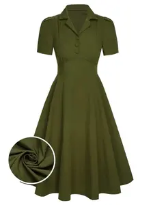 Green 1940s Lapel Buttoned Solid Dress - Elegant Classic Vintage Fashion for Women's Summer Wear