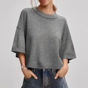 Women's Short Sleeve Knit Sweater Crewneck Drop Shoulder Loose Cropped Lightweight Soft Casual Pullover Tops 2026 Trendy Multi Color Available
