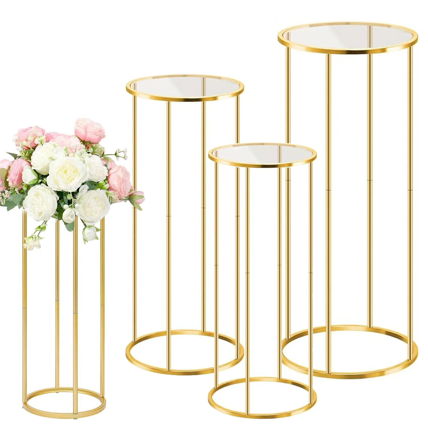 3Pcs Sturdy Durable Gold Metal Cylinder Stands, Acrylic Display Holders for Cake, Flower, Plant Pedestals, Celebration Decor for Wedding Birthday Party Home Festive Supplies