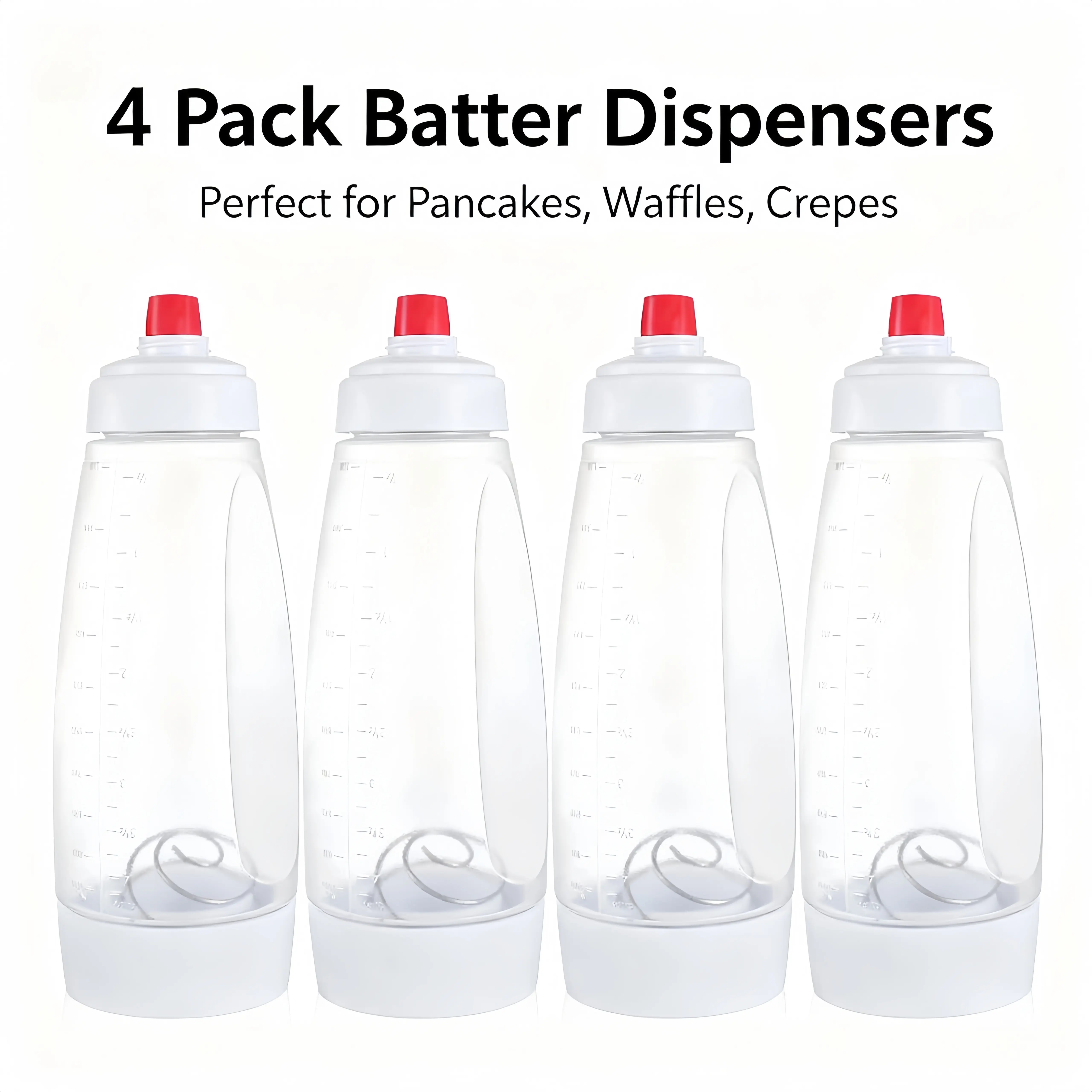 4 Pack Pancake Batter Dispenser Bottle with Blender Squeezes Pancake Batters Mixer Kitchen Shaker Batter Bottle Pancakes Pourer Baking Tool for Waffle Cake Cupcake Sauces Syrup Muffins Breakfast Stock Up Value Pack Valentine's Day gift Reusable Measuring