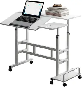 Portable Standing Desk Adjustable Height 26.4"-61", Mobile Computer Desk with Wheels, Tiltable Top & CPU Stand, Rolling Laptop Table Cart for Home Office, White, Light Walnut