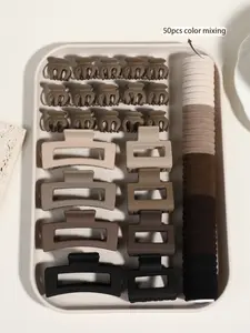 73pcs autumn and winter all-match hair clip | hair ring set, simple style milk tea lady hair accessories set, large/small hair clip lady daily wear, commuting, photography, home all-match school supplies, Flat Claw Clips