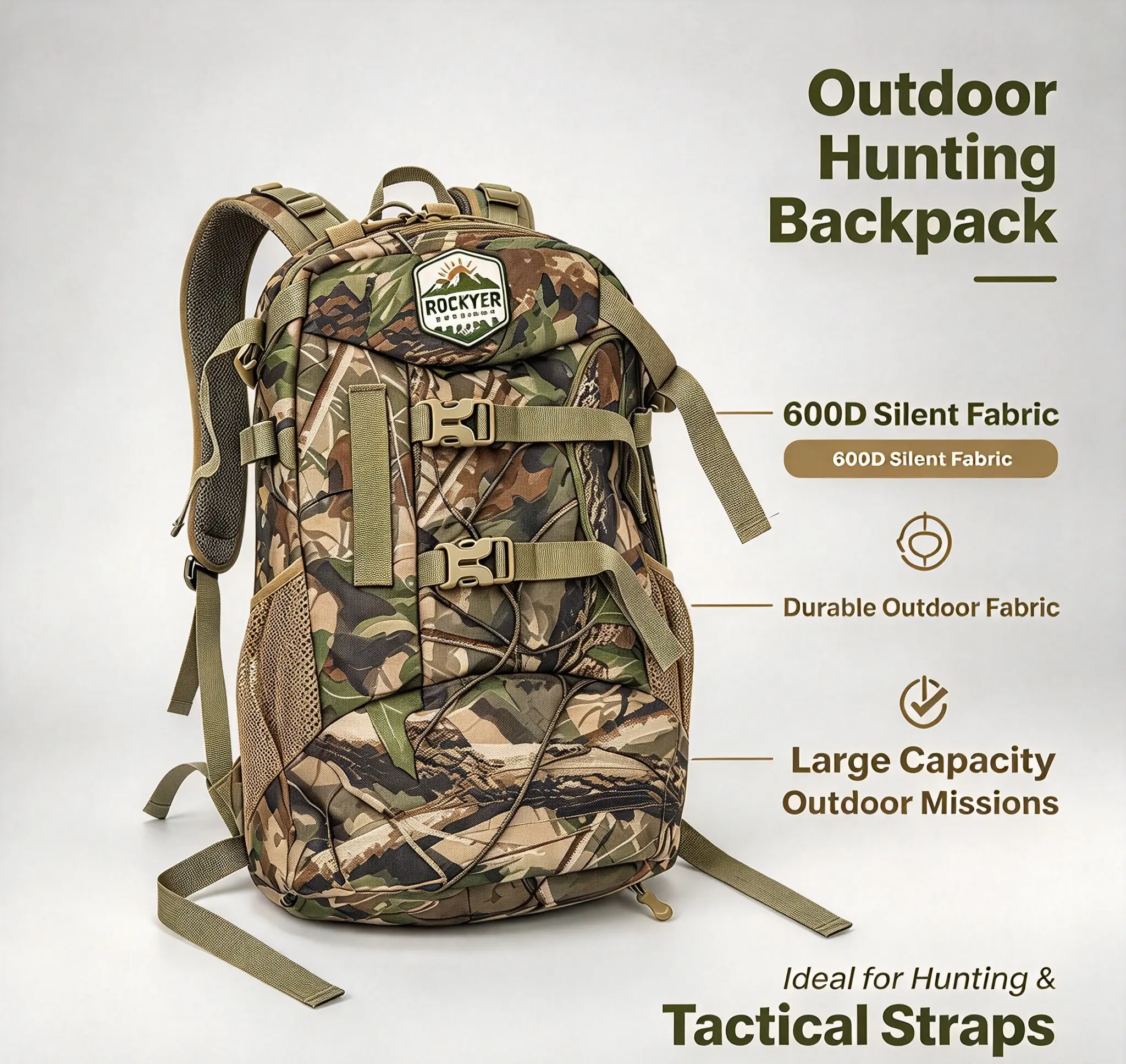 Unisex 30L Woodland Camouflage Hunting Backpack, 600D Quiet Silent Fabric Day Hunting Pack, Adjustable Shoulder & Compression Straps, Tactical Daypack for Day Hunt, Hiking, Wildlife Observation & Outdoor Trips