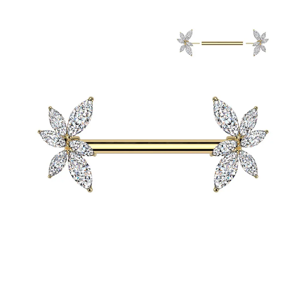 Marquise CZ Vine Threadless Nipple Barbell – 14G Surgical Steel