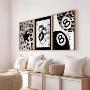 Set of 3 Aesthetic Wall Art Print, Leopard star black and white poster, Playing card kiss, 8 ball lucky leopard cheetah trendy prints