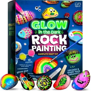 Kids Rock Painting Kit Fun Arts Crafts Activity with Neon Paints Rocks Googly Eyes Stickers & Glitter Markers Complete Craft Set
