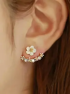 Elegant Flower-Shaped Back Hanging Earrings, Korean Fashion Floral Design, Shiny Synthetic Stones, Lightweight Jewelry Gift, Ear Studs
