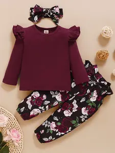 3Pcs Toddler Girl Clothes Solid Color Long Flying Sleeves Ruffle Top+ Floral Pant +Floral Headband 1-6 Years Fall/Winter Outfits Casual Cute Gift Sets