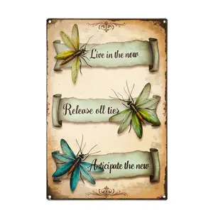 2D Flat - 1pc Live In The Now Release Old Ties Anticipate The New Dragonfly Scroll Design Vintage Style Artwork Metal Tin Sign Vintage Iron Wall Art with Floral Accents, Perfect for Home, Porch, Garden, Cafe, Bar, and More, Outdoor Signage | Vintage