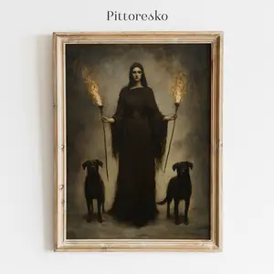 The Greek Goddess Hecate with Two Black Dogs and Torches Wall Art, Hecate Triple Goddess Poster, Gift for Pagan and Wiccan Unframed H