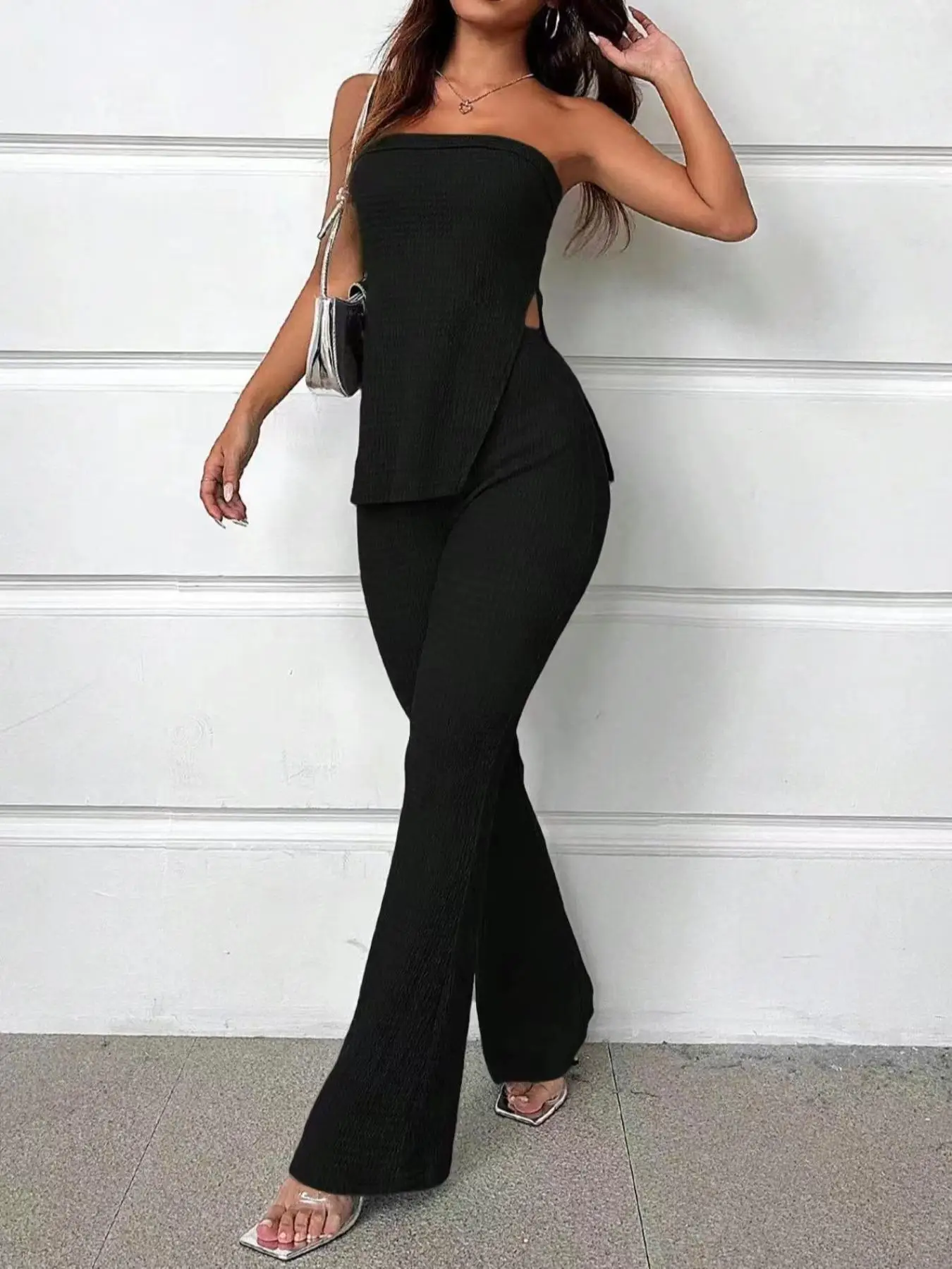 Two-Piece Set Women's Solid Split Hem Tube Top & High Waist Pants Set, Elegant Fashion Casual Two Piece Outfits for Daily Outdoor Wear, Ladies Clothes