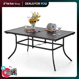 PHIVILLA Outdoor Patio Dining Table for 6, Rectangle Weather Resistant Metal Patio Table with Adjustable Umbrella Hole, Black