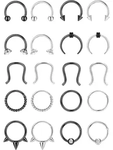 20Pcs 16G Nose Ring Hoop Clicker Hinged Septum Rings Set Surgical Steel CZ Opal Cartilage Daith Hoop Earrings Helix Piercing Jewellery Nose Piercing Nose Rings Silver/Gold/Black…