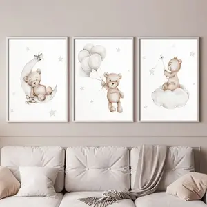 3-Piece Teddy Bear Canvas Wall Art Set, Moon Balloon Bear Pattern, Modern Boho Style Unframed Poster Print for Kids Room Decor