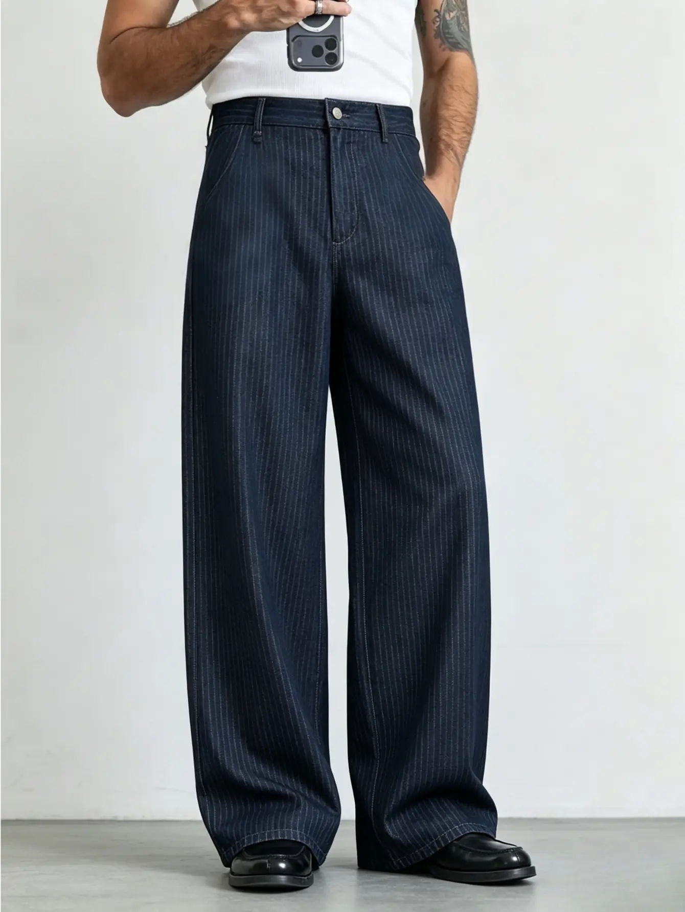 Men's striped suit trousers with a fluid drape, high-waisted, loose fit, straight-leg casual long pants