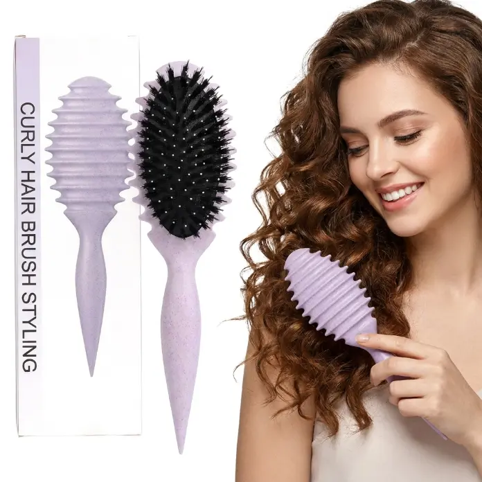【2026 Upgraded】 5-in-1 Boar Bristle Curl Defining Brush | Curly Hair | Minimal Pulling | Wet & Dry Use | Ergonomic Travel Hairbrush