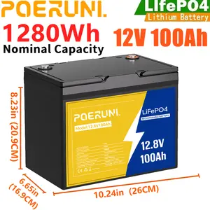 POERUNI 12V 100Ah LiFePO4 Lithium Battery Deep Cycle BMS for Marine Off-grid Camper