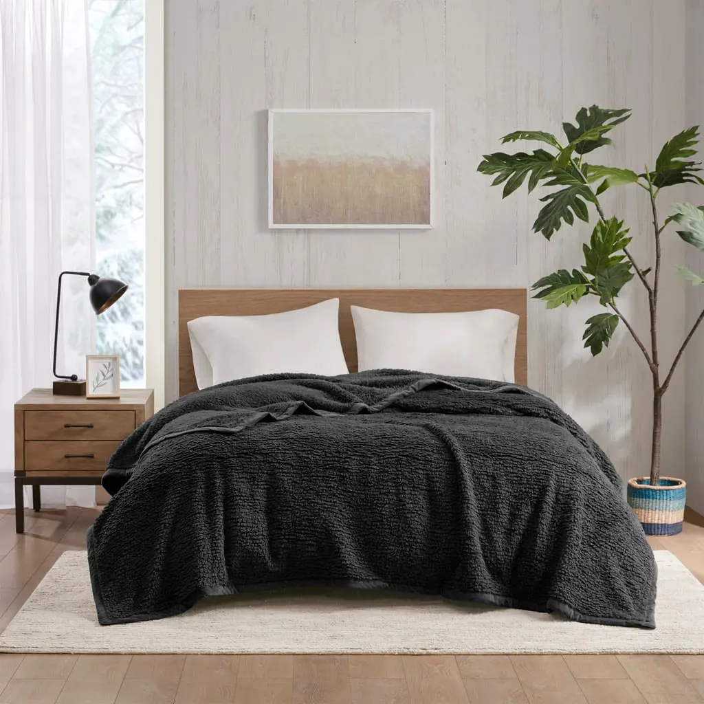 Burlington Berber Throw Blanket, King Size All Black Cozy Blanket with 360 Stand, 108x90x0.25 in., Model WR51-3915, Cozy Blankets