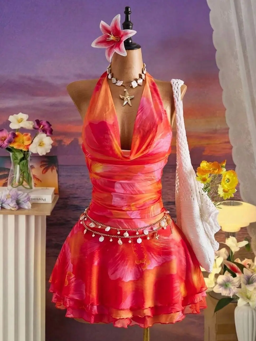Bellisia Sunset Orange Tropical Floral Halter Mini Dress | Plunging Cowl Neck Ruched Waist Tiered Ruffle Hem Beach Dress