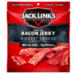 Jack Link's Bacon Jerky, Hickory Smoked, 2.5 oz. Bag - Flavorful Ready to Eat Meat Snack with 11g of Protein, Made with 100% Thick Cut, Real Bacon, Perfect Hunting Trip Snacks (Packaging May Vary)
