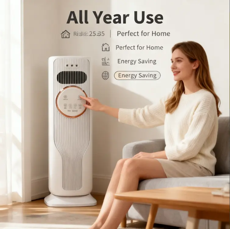 All Year Usage Portable No Blade Tower Fan, Evaporative Cooler & Space Heater 2 In 1 Appliance, Add Ice Or Tap Water For Cool Breeze, 3 Fan Speeds 2 Heat Levels With Remote For Home Indoor Daily Placement