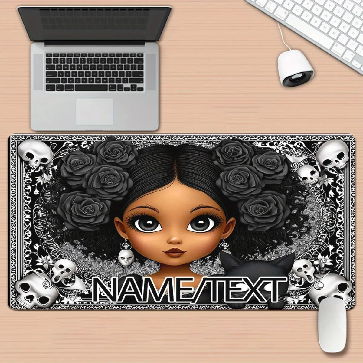 1pc Custom Name Girl in Black Frame HD Printed XXL Mousepad - Ergonomic Desk Mat for PC Gamers, Multi-Functional Computer Accessory with Skull & Rose Design, Perfect Gift for Family & Friends, Mouse Pads for Desk