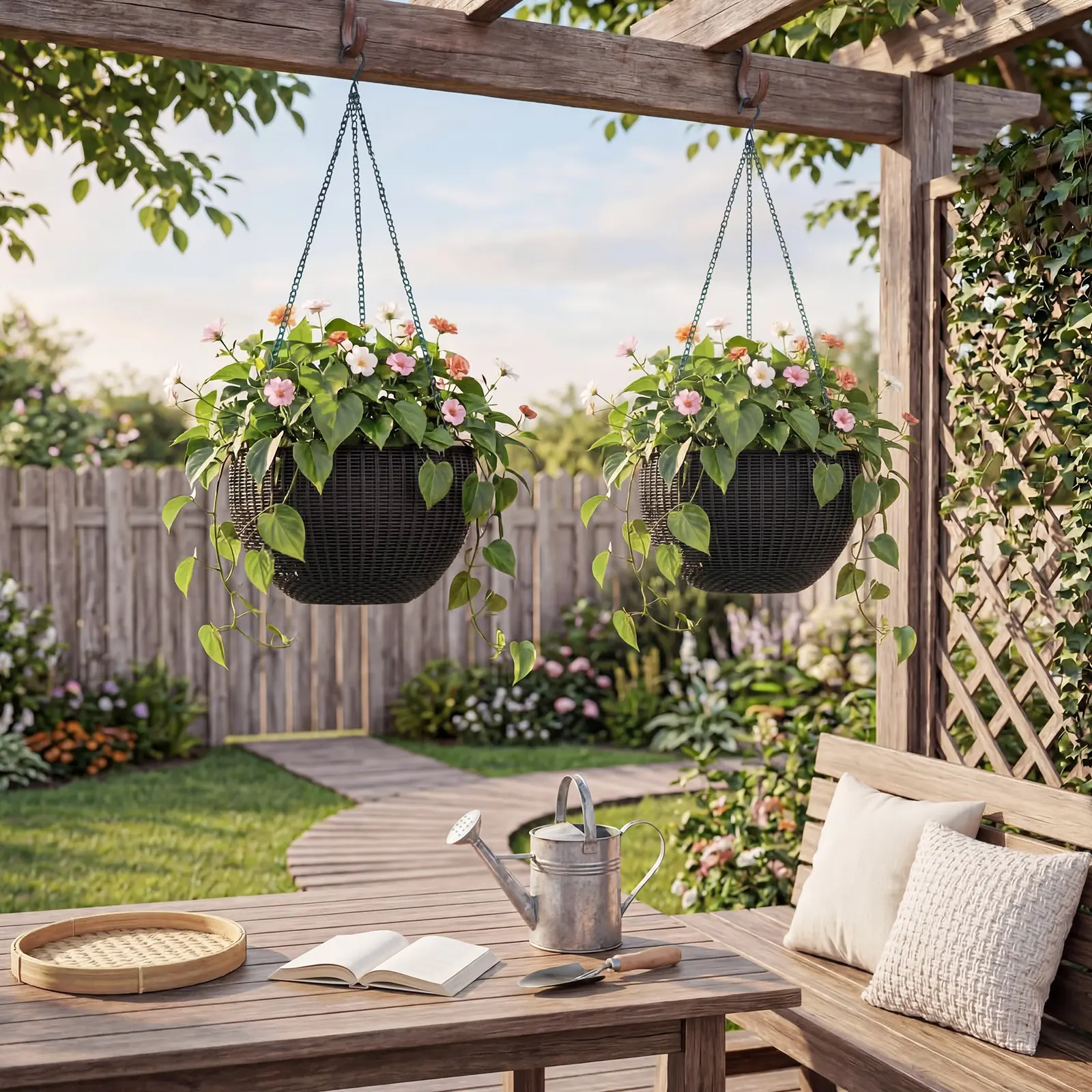 13.8-inch 4-piece self-watering hanging flower pots, round resin hanging baskets for indoor and outdoor plants, rattan-look flower pots with drainage plug, deep inner pots, and sturdy metal three-chain hangers
