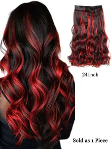 24 Inch Synthetic Wavy Hair Extensions 1 Piece Clip In Heat Resistant Fiber Easy To Wear Highlighted Large Waves Red Blue Available Great For Music Festival Party Or Cosplay