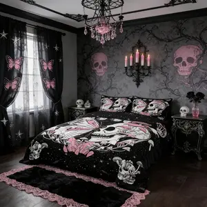 Feelyou Skull Motif Bedding Set - Breathable Soft Blanket, Pink Butterfly Mushroom Comforter, Starry Galaxy Moon U-Stitching Quilted Duvet, Polyester Fiber Multi-Size Travel Ready Bedding for Girls' Bedroom Decor