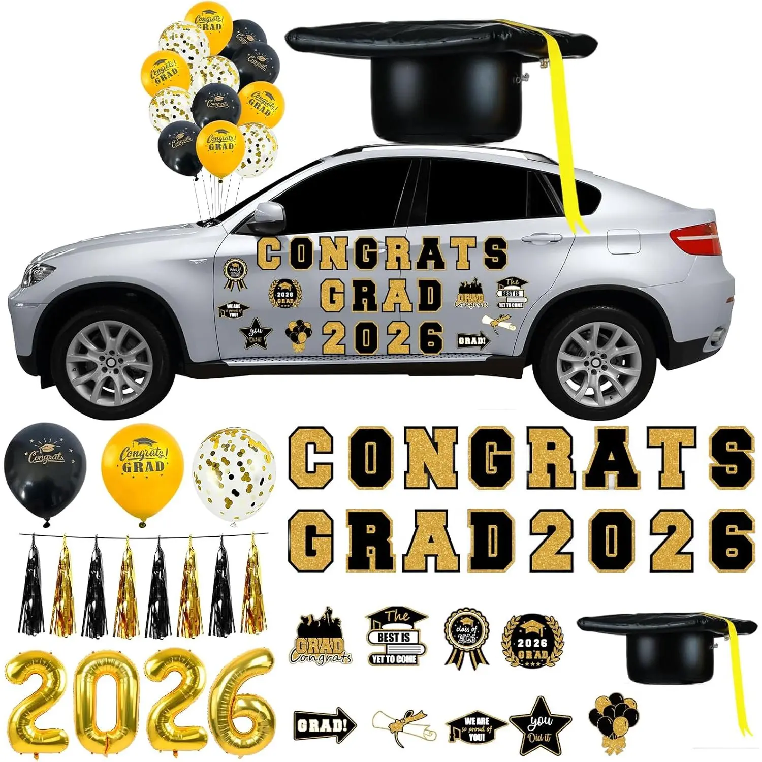55 Pcs 2026 Congrats Grad Car Decoration Graduation Car Decors Kit for Class Include Inflatable Graduation Cap Magnets Decor Tassel Balloons for Cars Roof School Collage Party Favor Grad Parade(Black)