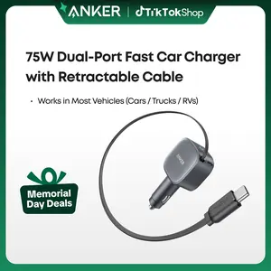Anker USB-C Car Charger, 75W Max Fast Charging, Sleek and Compact Design with Retractable Cable, for iPhone 17 / 16 / 15 Series, Samsung S24 / S23, MacBook, and More