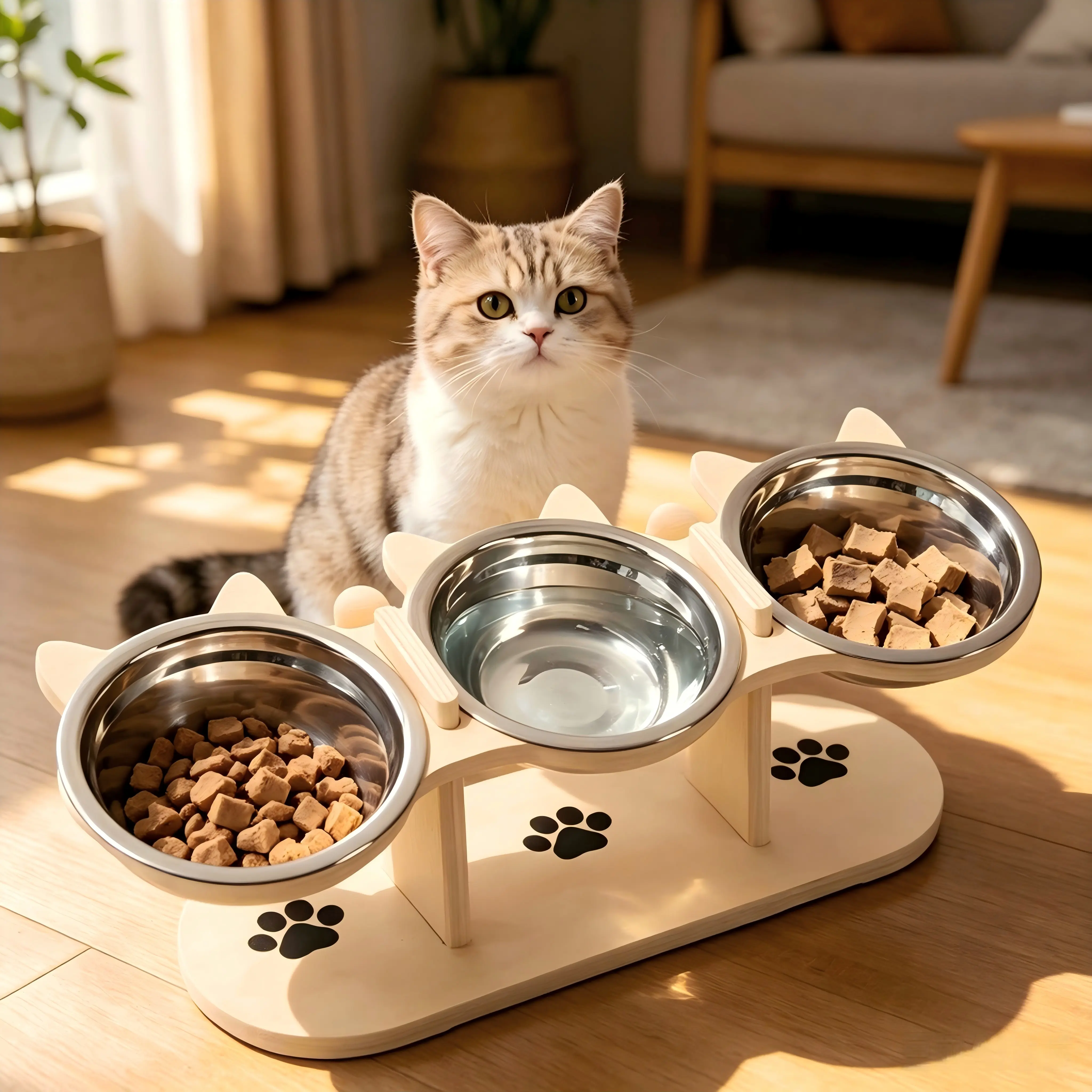 3-in-1 Pet Bowl Set – Raised Cat & Dog Feeder with 3 Stainless Steel Bowls Adjustable Height Space-Saving water Cat food bow lCat bowls Elevated dog bowls Elevated cat bowls Cat water bowl Cat stuff Dog bowls elevated