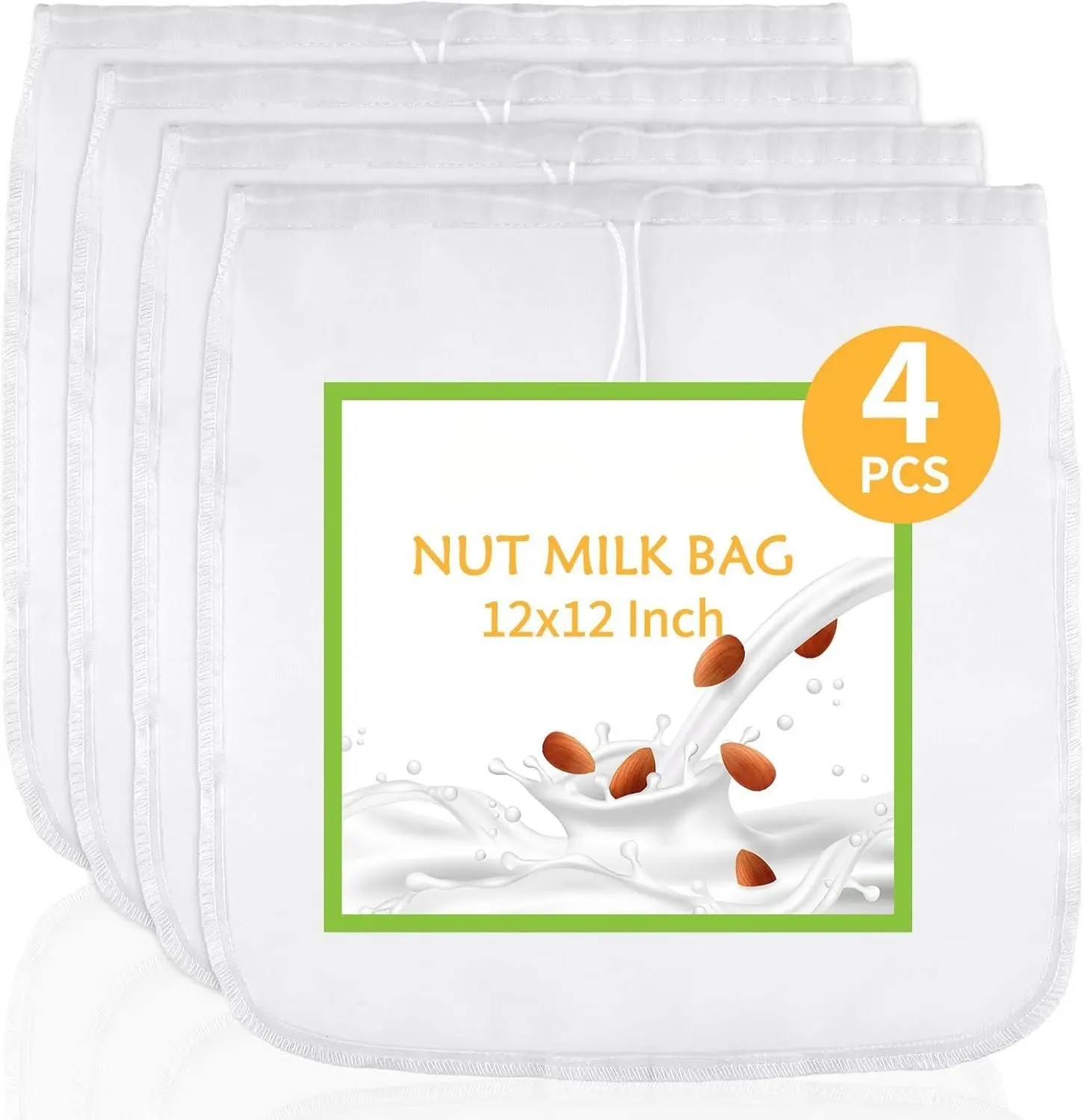 4 count 12"x12" Nut Milk Bag, Fine Mesh Nylon Cheese Cloth Bag for Straining,  Strainer Bags for Almond Milk, Yogurt, Juice, Cheese Making, Cold Brew Coffee,