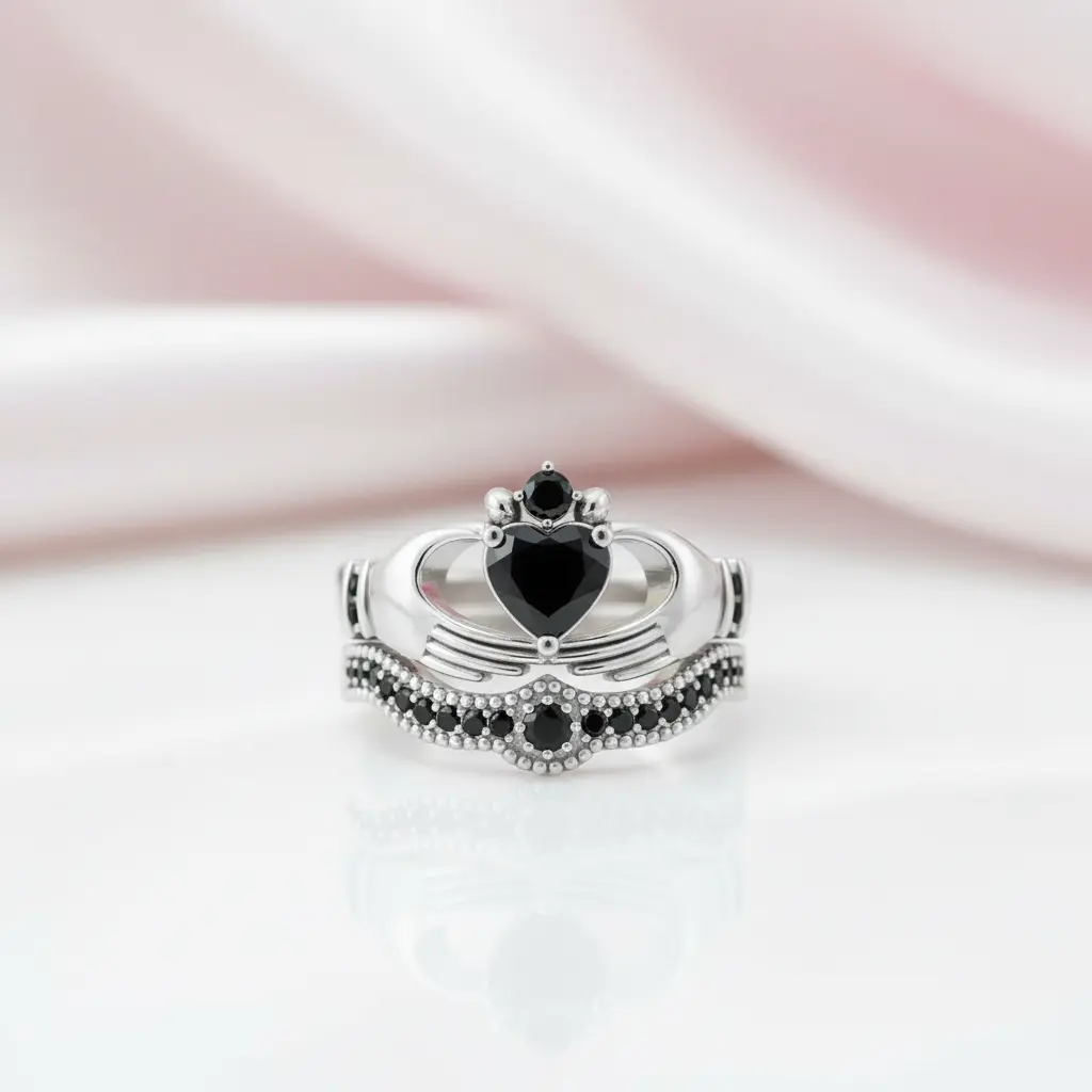 Claddagh Wedding Ring Set in Purple Diamond Option