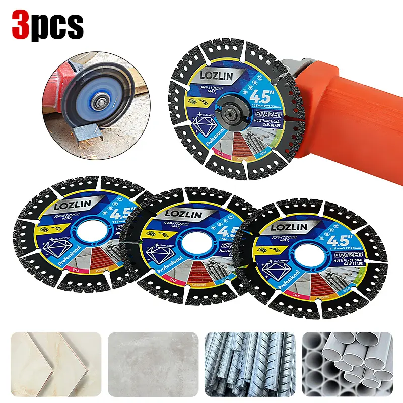 LOZLIN 1PCS/3PCS 4.5" Multi-Purpose Diamond Cutting Discs, 7/8" Arbor Saw Blades for Marble, Quartz, Stone, Ceramic Tile, Metal, Wood, Plastic and PVC, Fits Angle Grinders