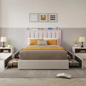 CollaredEagle 4 Storage Drawers Queen Bed Frame, Upholstered Queen Size Platform Bed Frame with Charging Station and LED Headboard, Mattress Foundation with Wooden Slats Support, No Box Spring Needed.